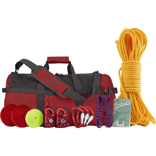 The NRS Z-Drag Kit is a red duffel bag with rescue gear—yellow rope, pulleys, carabiners, rope coils, discs, and instructions—perfect for whitewater boat extractions using a raft Z-Drag or mechanical advantage rescue system.