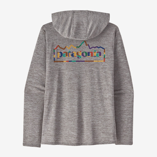 Patagonia's Cap Cool Daily Graphic Hoody for women is a gray hooded jacket made from recycled polyester, showcasing a colorful mountain design and text on the back, perfect for cool days and reflecting a commitment to sustainability.