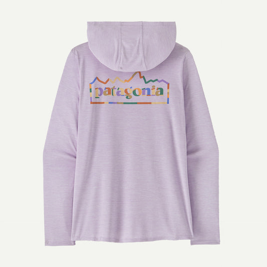 The "Cap Cool Daily Graphic Hoody - Women's" by Patagonia is lavender, made from recycled polyester, features long sleeves and a colorful logo on the back.