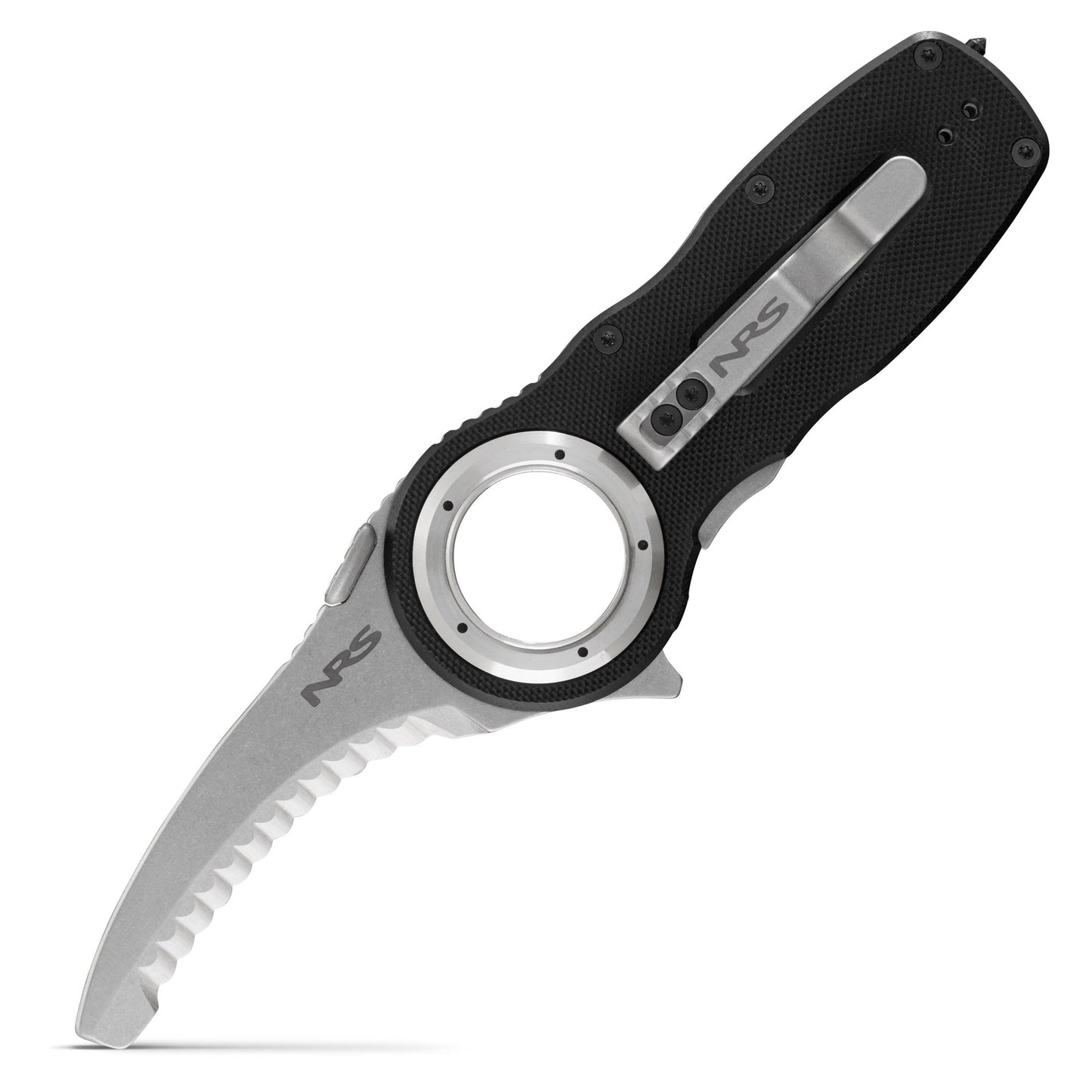 The NRS Pilot Access SAR Knife features a serrated curved hawksbill blade, black textured handle, circular finger hole, and metal pocket clip—designed for swiftwater rescue situations.
