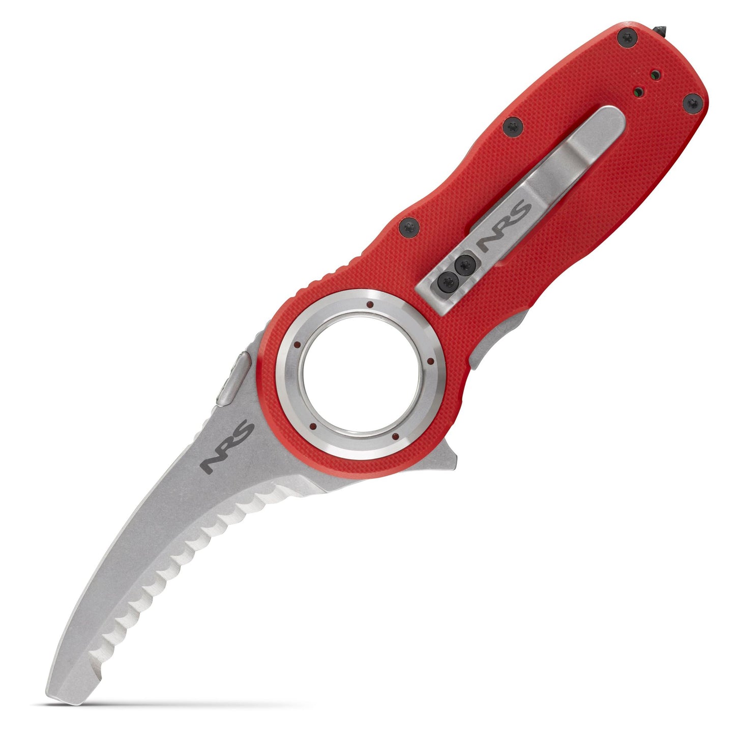 The NRS Pilot Access SAR Knife features a red handle, serrated hawksbill blade, finger hole, and metal pocket clip. Marked with the NRS logo, it’s perfect for swiftwater rescue situations.