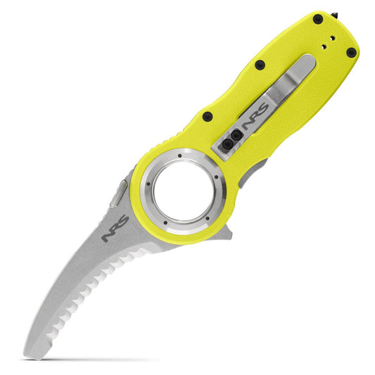 The NRS Pilot Access SAR Knife features a yellow handle, curved serrated stainless steel blade, and base finger hole—ideal for swiftwater rescue and emergency situations.