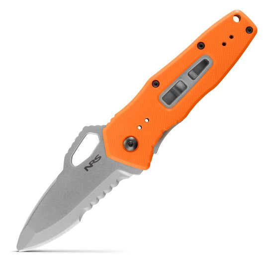 The NRS Photic Knife is a compact folding knife with a partially serrated stainless steel blade, an orange handle, and a safety lock—perfect for everyday carry.