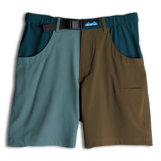 Kavu Chilli H20 Shorts: Two-tone hybrid walk shorts with a teal left side and olive brown right side, integrated black belt, front pockets, and logo patch above the waistband—quick-dry and perfect for active days.