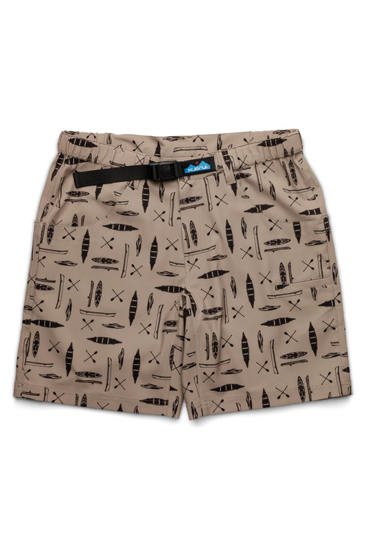 The Kavu Chilli H20 Shorts are tan hybrid walk shorts with an all-over black surfboard and paddle print, made from quick-dry fabric. They feature an adjustable waistband with a black buckle and side pockets.