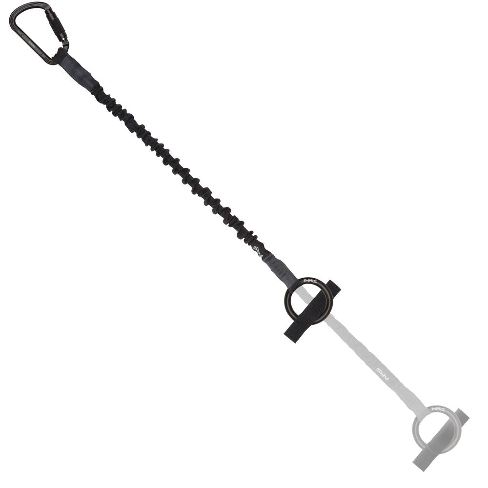 The NRS Tow Tether features a black elastic bungee strap with two round loops, a metal carabiner clip, ideal for kayak towing or as a reliable tow tether.