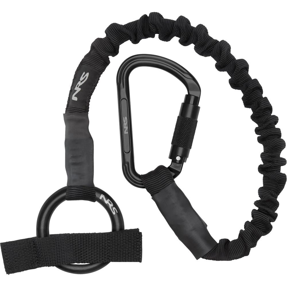 The NRS Tow Tether features a black coiled gear strap with a metal carabiner and ring, designed to secure equipment. It's ideal as a kayak towing aid or tow tether during rescues.