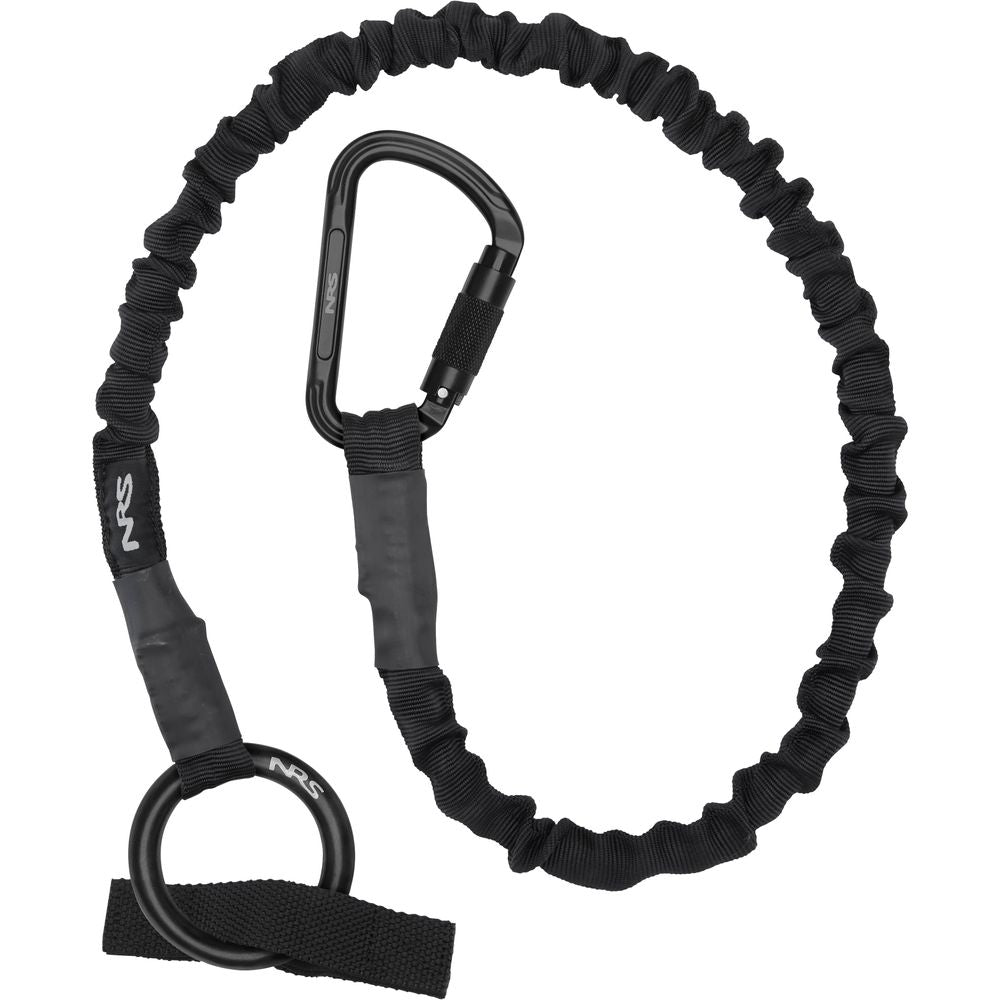The NRS Tow Tether is a coiled black safety rope featuring a carabiner clip and metal ring, ideal for kayak towing or securing gear efficiently.
