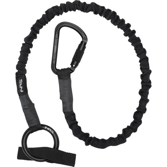The NRS Tow Tether is a coiled black safety rope featuring a carabiner clip and metal ring, ideal for kayak towing or securing gear efficiently.