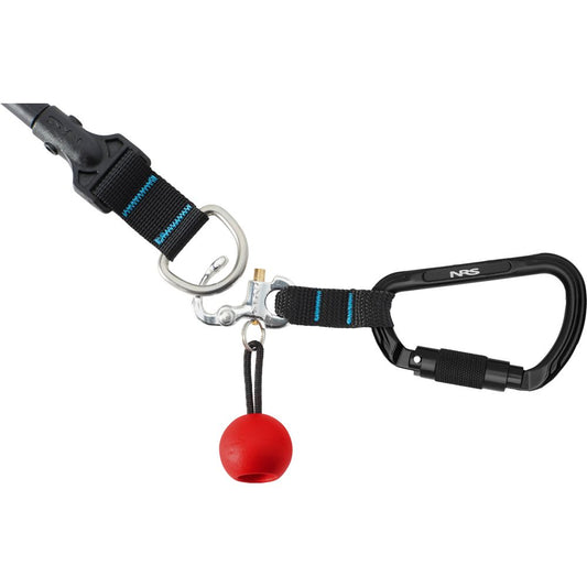 The NRS Quick-Release SUP Leash includes a black carabiner, adjustable strap, metal ring, and red safety ball.