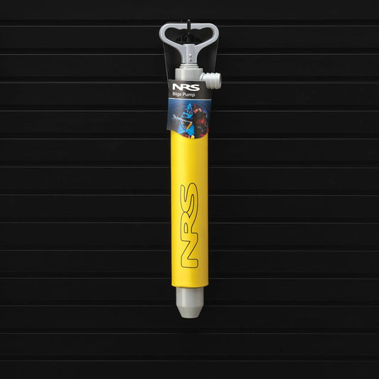 The NRS Bilge Pump, with its yellow body and gray handle and nozzle, is perfect for removing unwanted water against a black slatted wall background.