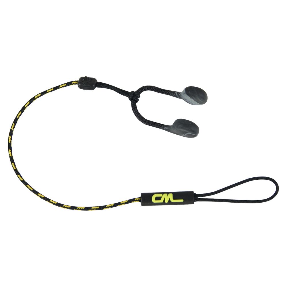The black and yellow eyeglass retainer strap features adjustable rubber ends and a logo tag, perfectly paired with NRS Cottonmouth Nose Plugs for enhanced comfort.