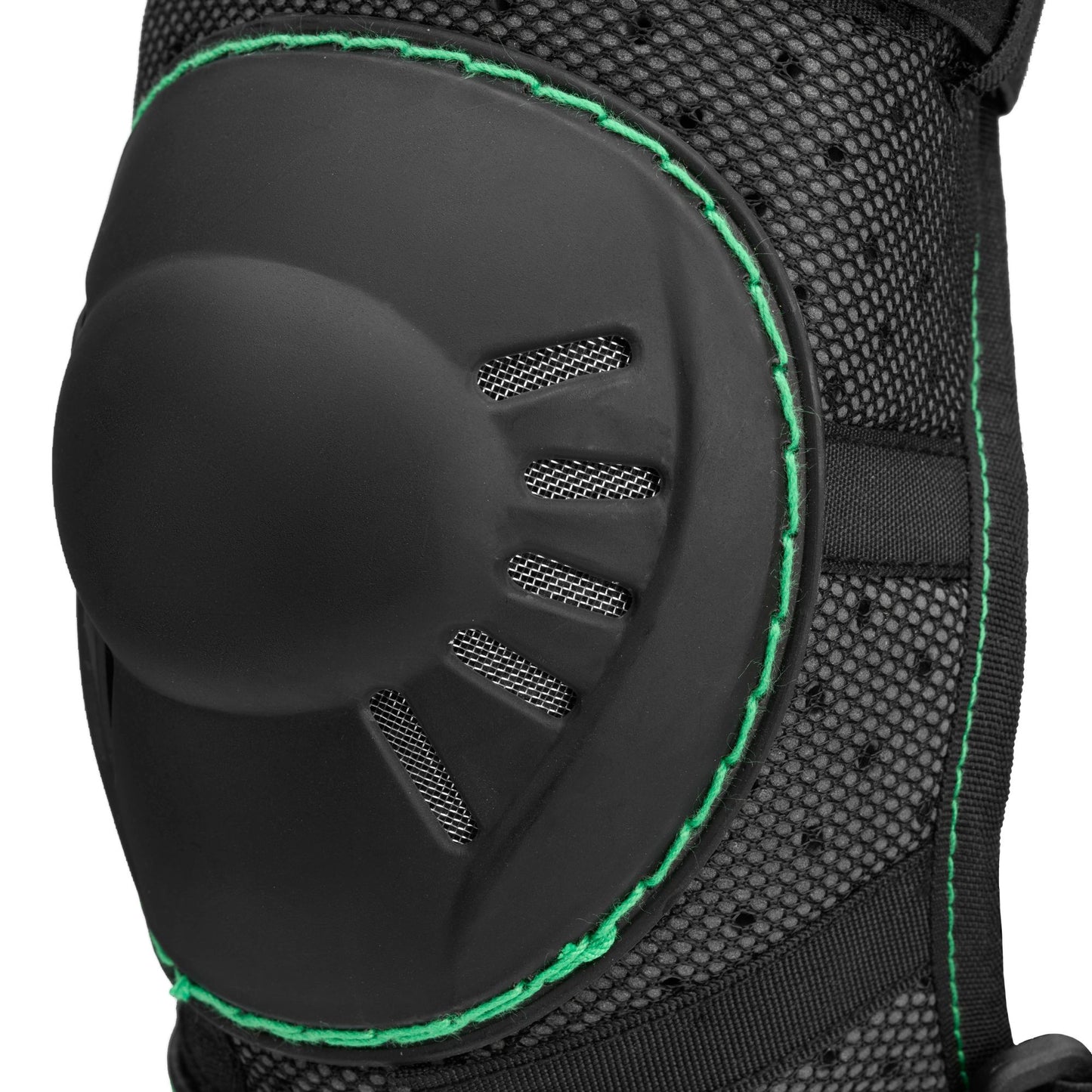Close-up of NRS Go Left Elbow Pads in black with green stitching and mesh fabric details, ideal for paddlers seeking reliable protective gear.