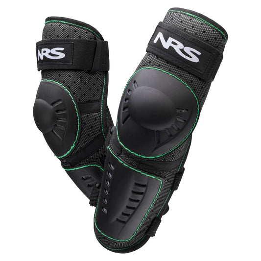 The NRS Go Left Elbow Pads feature black design with green stitching and adjustable straps, providing essential protection for paddling and outdoor sports activities.