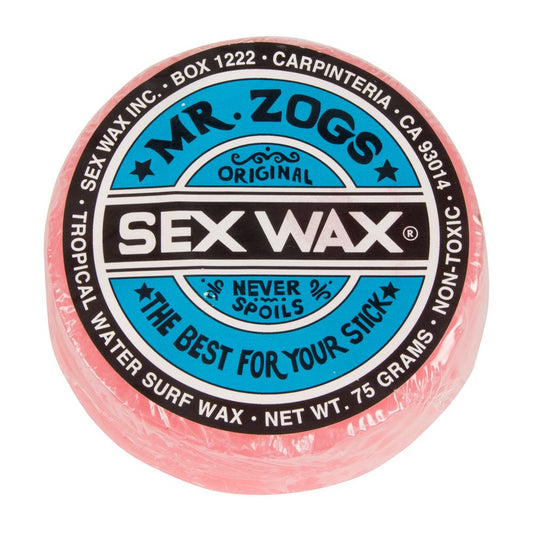 Mr. Zogs' Sex Wax in a 75g round bar with pink packaging is formulated for Tropical Waters, suitable for warm to cold temperatures.