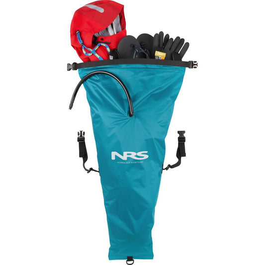 An NRS HydroLock Kayak Stow Float in blue comes with a red life jacket, gloves, and gear. It features a dry bag for secure storage.