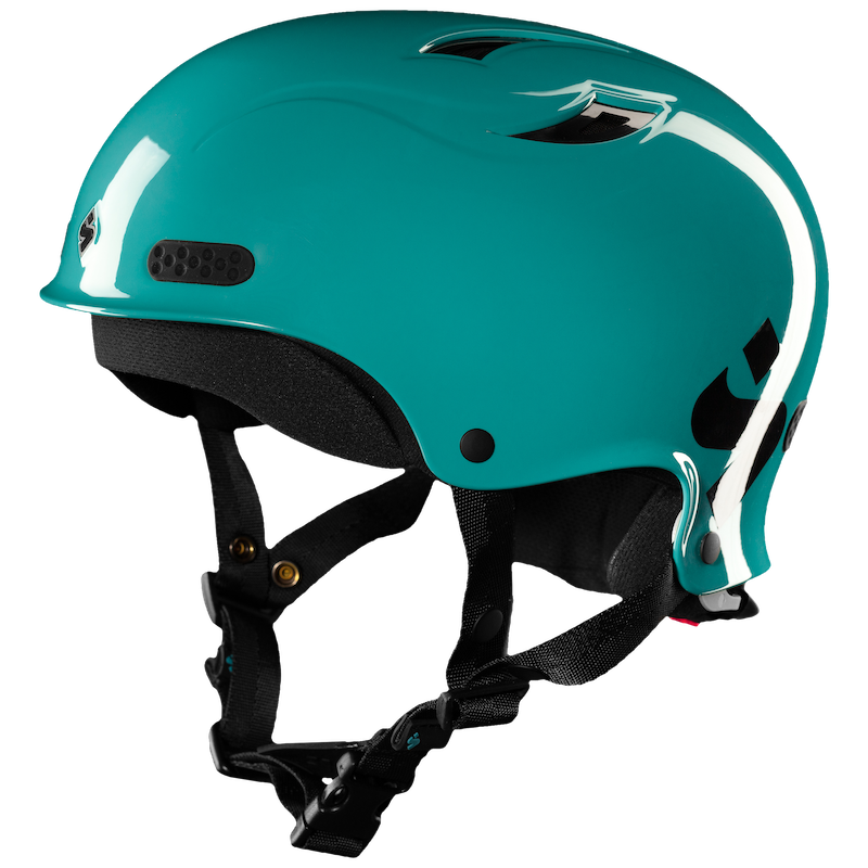 The Wanderer II Helmet by Sweet Protection features a teal design with black interior padding, is impact-resistant, and includes an Occigrip tensioning system, adjustable chin straps, and top ventilation openings.