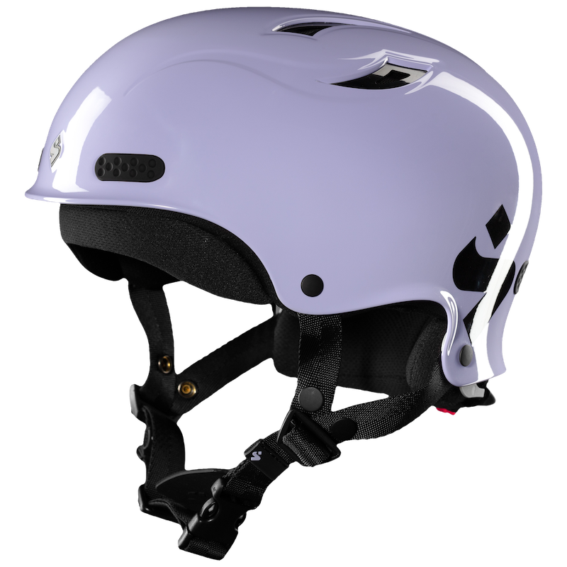 The Sweet Protection Wanderer II Helmet is a purple skiing essential with black adjustable straps and an Occigrip tensioning system for a secure fit. It boasts a glossy finish, ventilation holes for comfort, and an impact-resistant design for durability on the slopes.
