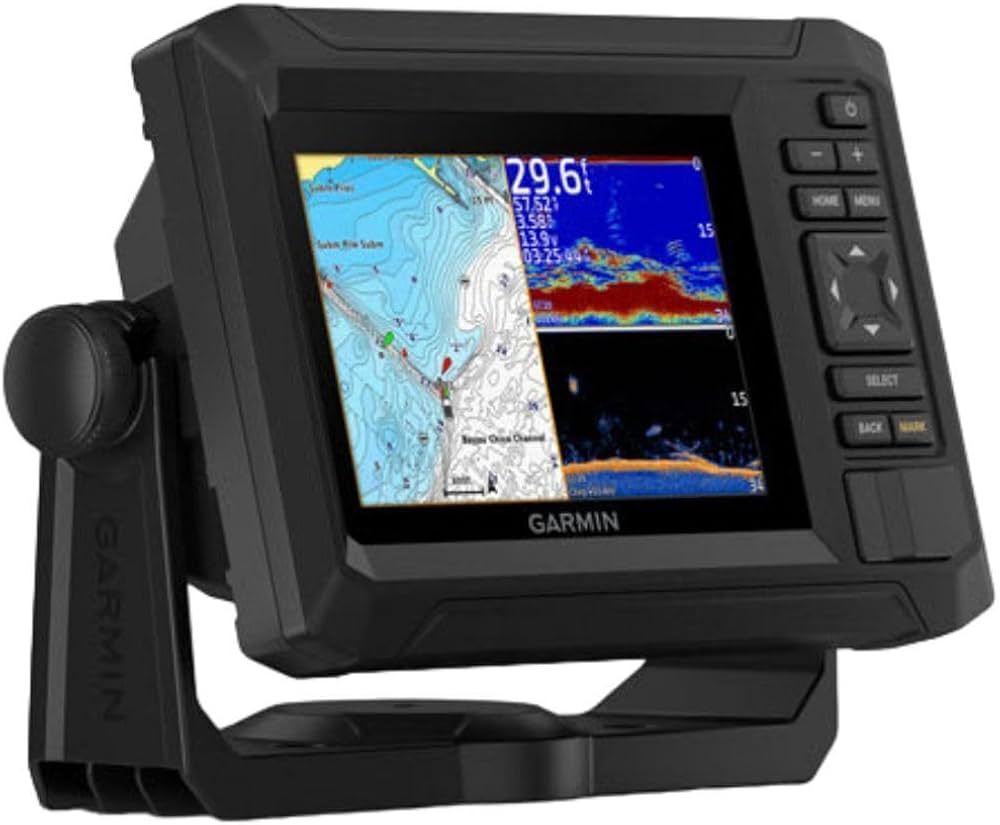 The Garmin EchoMap UHD2 Fish Finder displays topographic maps and underwater sonar on a color screen, featuring convenient control buttons on the right side.