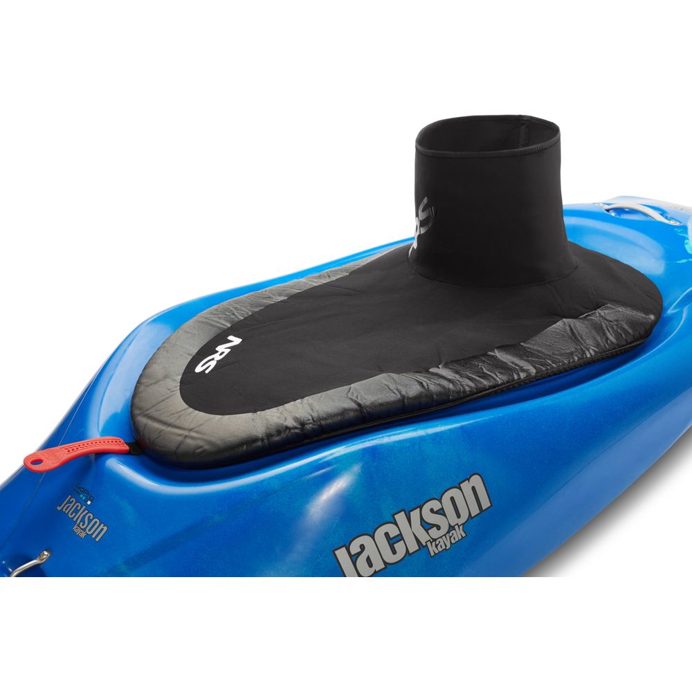 A blue kayak made for whitewater adventures, featuring a black NRS Drylander Bungee Sprayskirt and prominently displaying the "Jackson Kayak" brand name on the side.