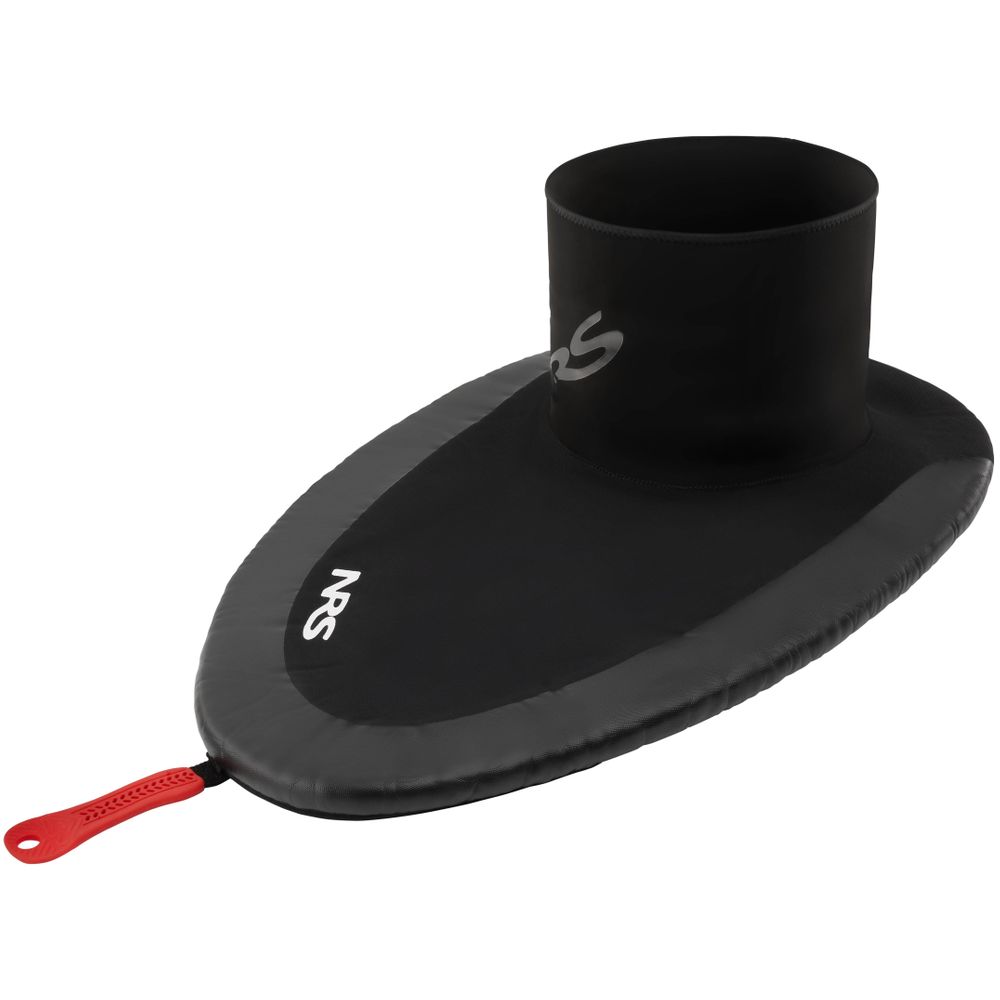 Discover the NRS Drylander Bungee Sprayskirt for your whitewater kayak trips. This black neoprene spray skirt features a bold red pull loop and showcases the "NRS" logo on both the deck and tunnel.