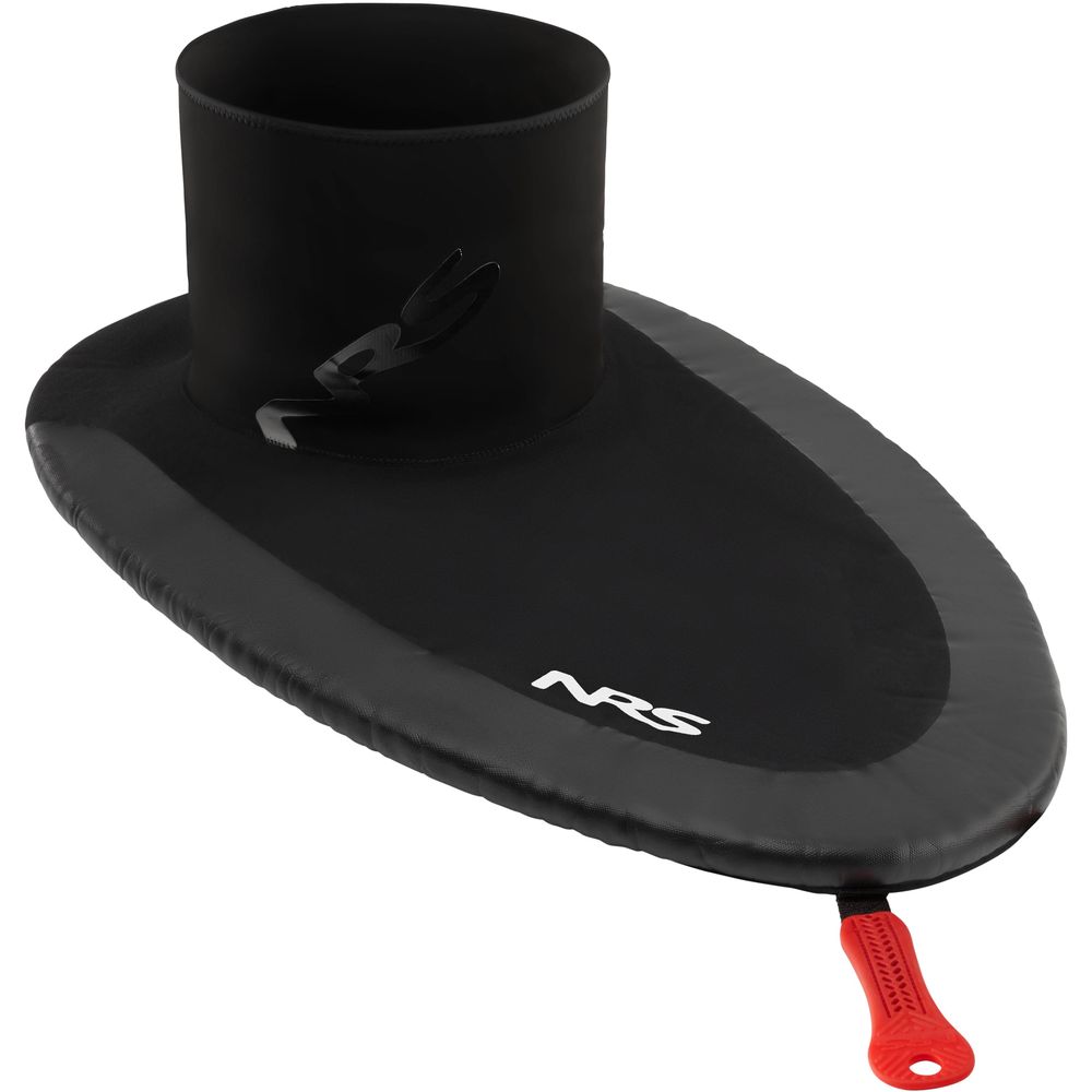 The NRS Drylander Bungee Sprayskirt, with a neoprene surface and red pull handle, is ideal for whitewater kayaking.