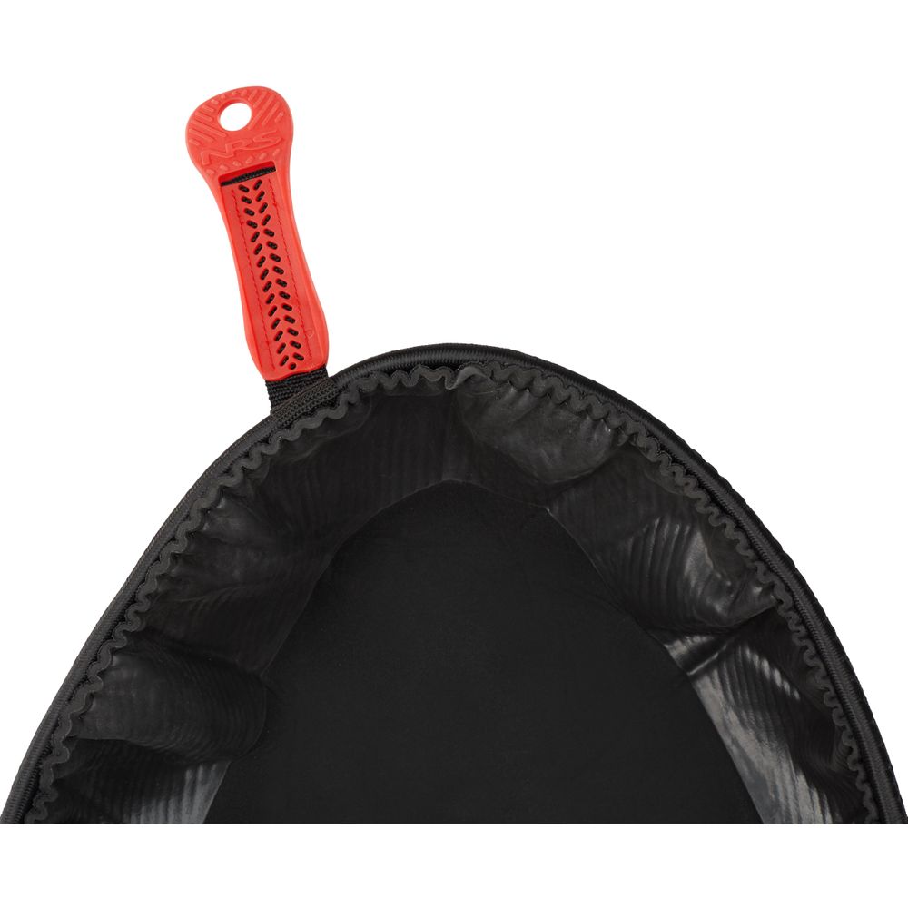 Close-up of a black trash can lid with a red handle, similar to the durable neoprene surface of an NRS Drylander Bungee Sprayskirt.