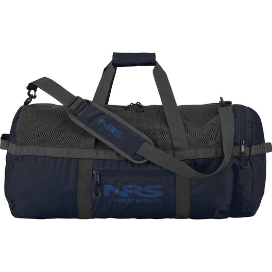 The black Purest Mesh Duffel by NRS, with durable polyester mesh, an adjustable shoulder strap, and zippered pockets against a white background, is perfect for storing paddling gear.