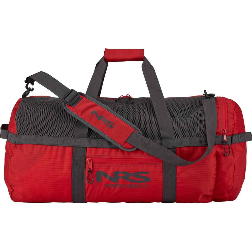 The NRS Purest Mesh Duffel is a red and black bag with a durable polyester mesh panel, ideal for paddling gear. It includes zippers, a shoulder strap, and the NRS logo.