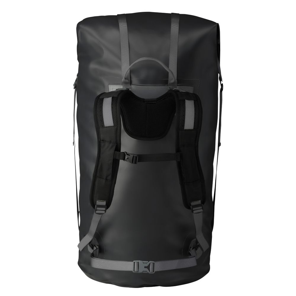 Bill's Bag by NRS is a large black backpack featuring gray compression straps and buckles, shown from the back.