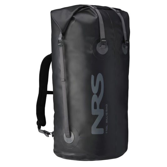A black Bill's Bag by NRS made from durable TobaTex, with gray straps and a roll-top closure.