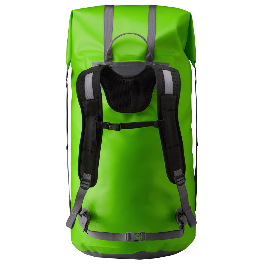 The NRS Bill's Bag is a bright green waterproof backpack with grey and black compression straps, featuring a top handle and padded shoulder straps.