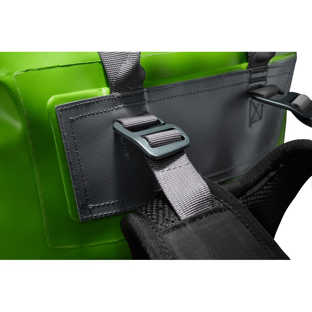 Close-up of Bill's Bag by NRS, featuring a green design with black backpack straps and a metal buckle.