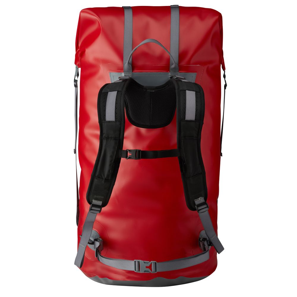 The NRS Bill's Bag is a large red waterproof backpack featuring gray compression straps and padded back support, ideal for outdoor use.