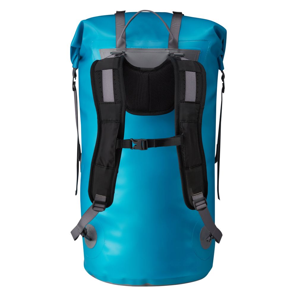 The NRS Bill's Bag, viewed from the back, is a blue waterproof backpack with black adjustable shoulder straps, backpack straps featuring a chest buckle, and side compression straps for an optimal fit.