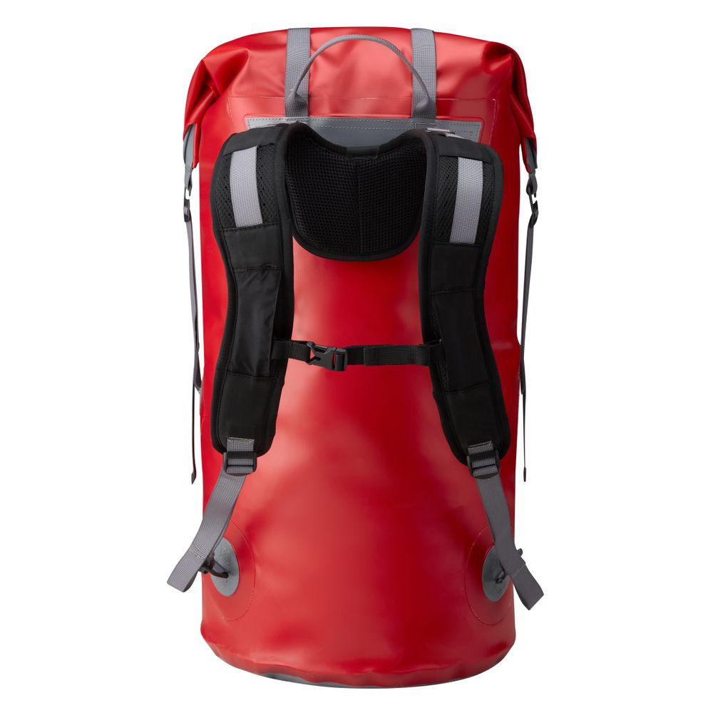 The NRS Bill's Bag is a red waterproof backpack with gray straps, back padding, and compression straps for secure packing, perfect for outdoor activities.