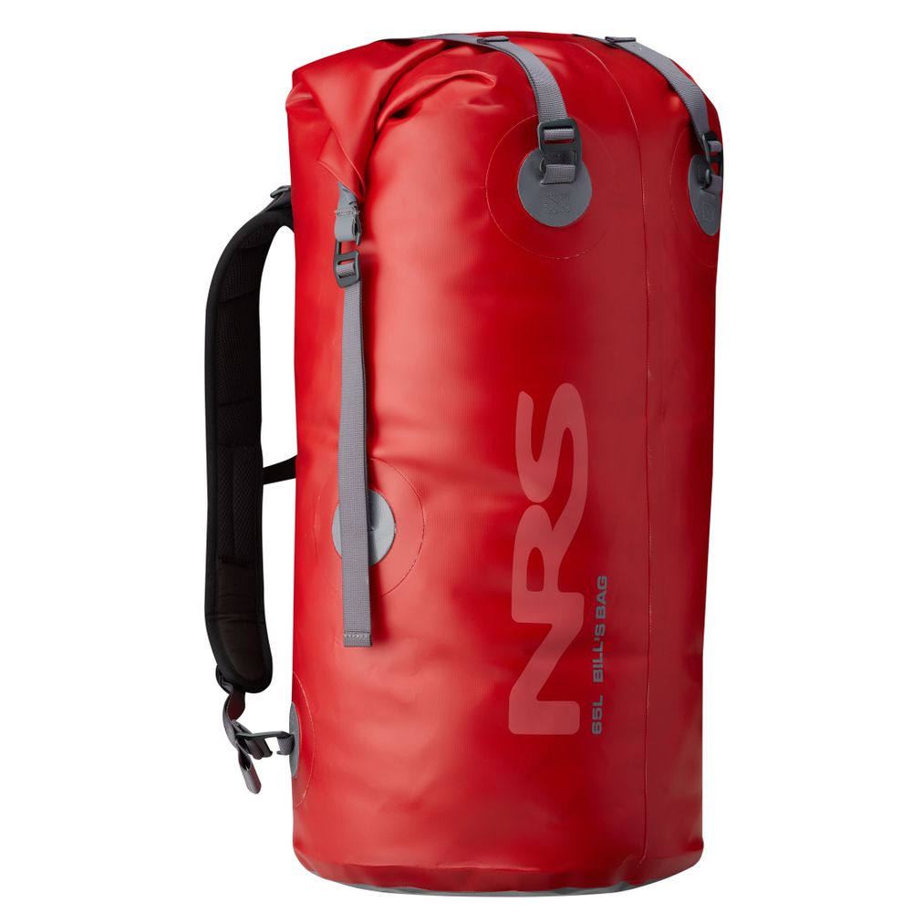 Bill's Bag by NRS is a red waterproof backpack, featuring gray compression straps and the NRS logo on the side.