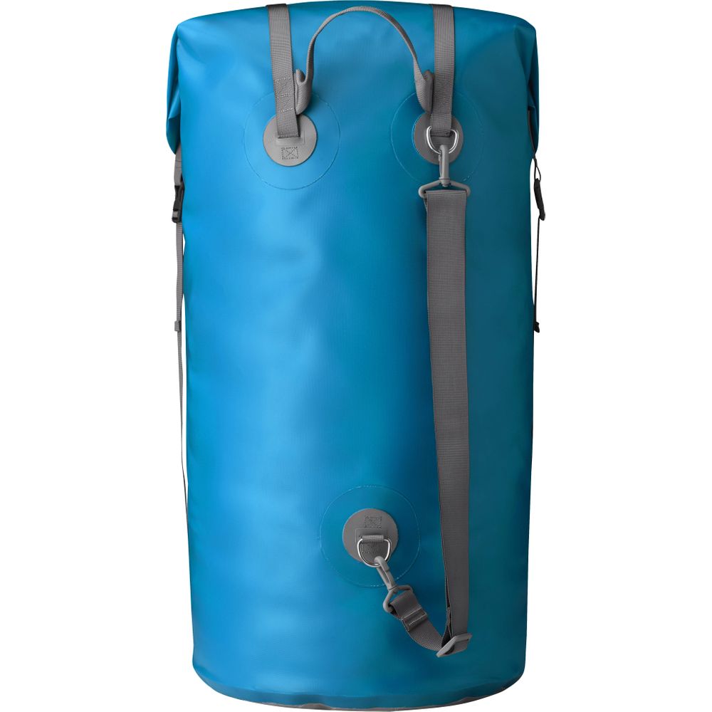Introducing the NRS Outfitter Drybag: a large, blue waterproof duffel with gray straps and round attachment points. Featuring a heavy-duty StormStrip closure, it ensures superior durability and security for all your adventures.