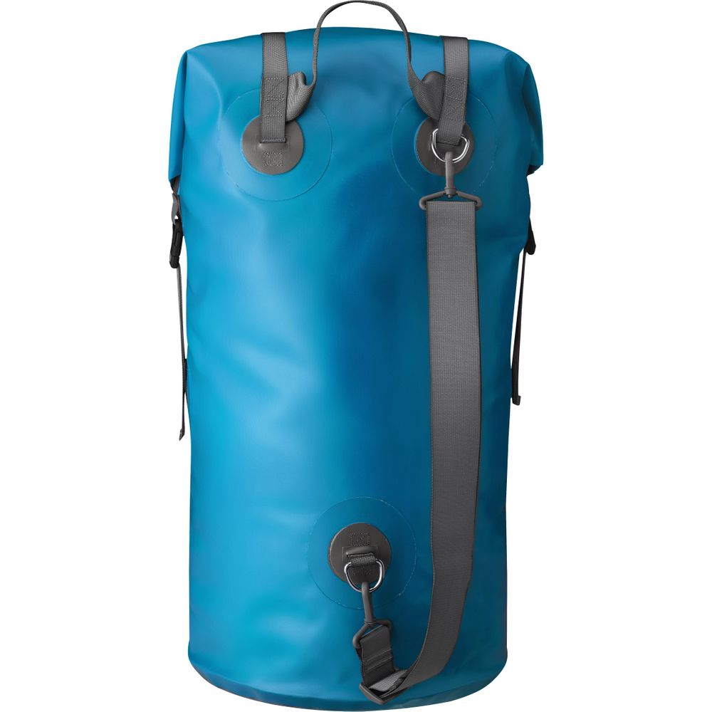 The NRS Outfitter Drybag in blue boasts a heavy-duty design with black straps and attachment points. Its StormStrip closure keeps contents dry, showcased on a white background.
