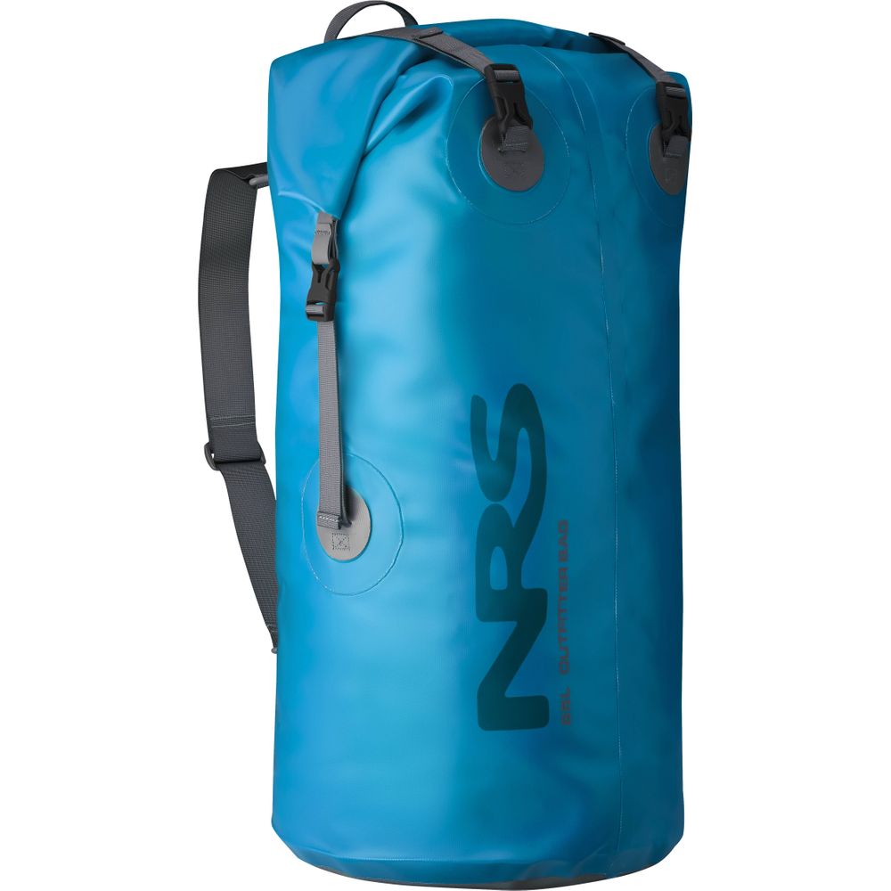 The NRS Outfitter Drybag is a blue waterproof backpack with gray straps, serving as a rugged utility companion.