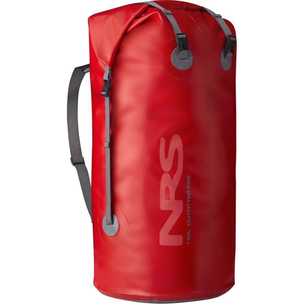 A red NRS Outfitter Drybag, waterproof with black straps and a heavy-duty StormStrip closure, labeled "110L" on the side.
