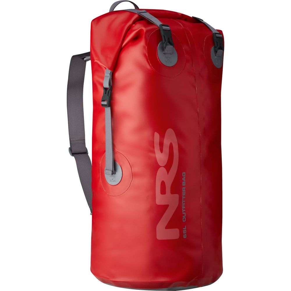 A red, cylindrical waterproof bag features "NRS Outfitter Drybag" printed on the side. It includes shoulder straps, a StormStrip closure system for security, and a heavy-duty construction for durability.