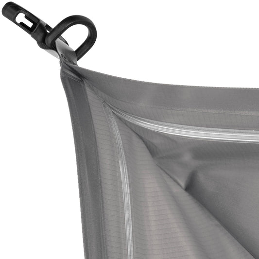 Close-up of the NRS Packraft Internal Storage Bag 44L, featuring gray fabric, a zipper, and a black plastic hook—designed for packraft storage and as part of waterproof bag systems for inflatable boat accessories.