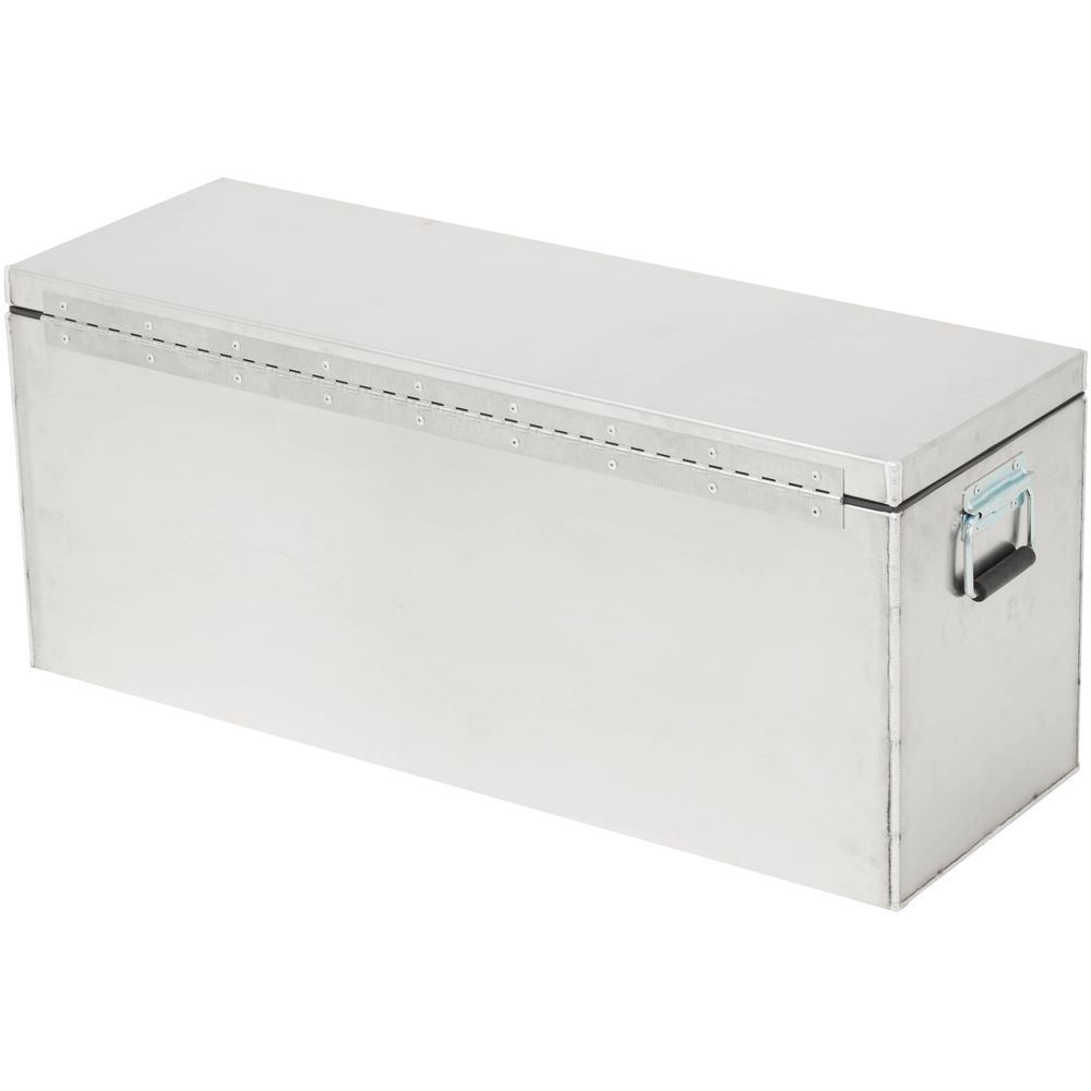 The NRS Raft Drybox is a rectangular aluminum storage box featuring a hinged lid and side handles, crafted from marine-grade aluminum for durable, watertight storage.