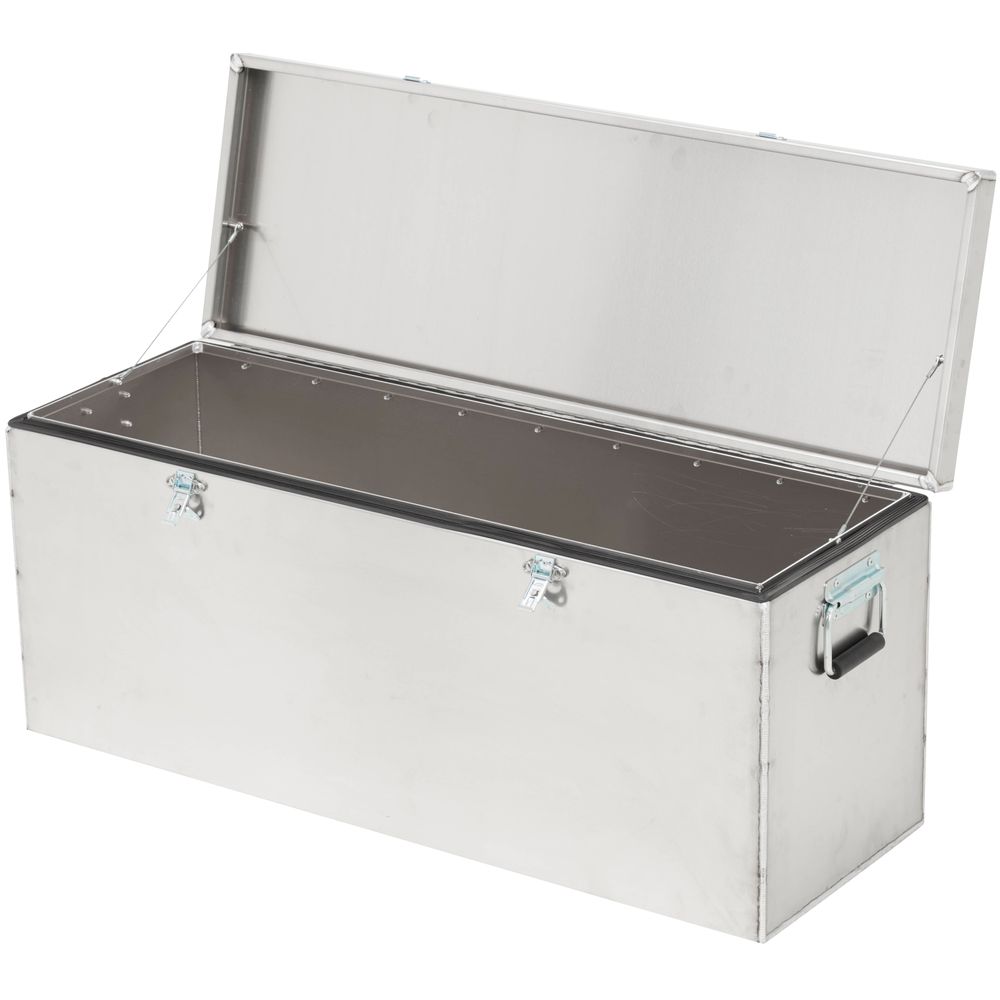 The NRS Raft Drybox is an open storage box made of marine-grade aluminum, featuring two durable handles and latches, with an empty interior ideal for watertight storage.
