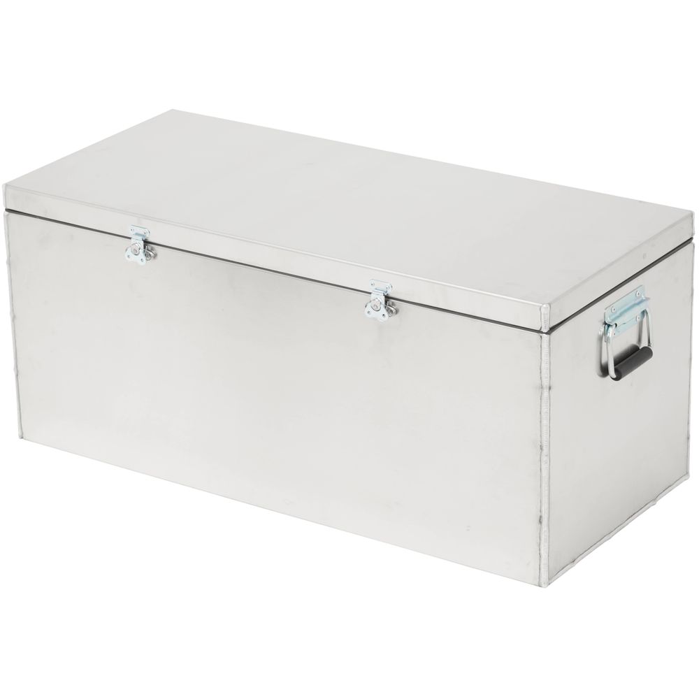 The NRS Raft Drybox is made from marine-grade aluminum with a sleek silver finish, featuring sturdy latches and side handles for a watertight storage solution with its plain yet robust design.