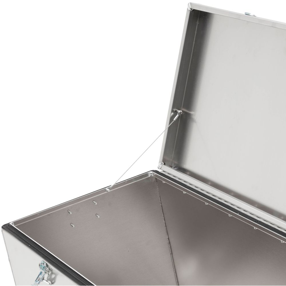 Open the NRS Raft Drybox, crafted from marine-grade aluminum, featuring a hinged lid and support wire.