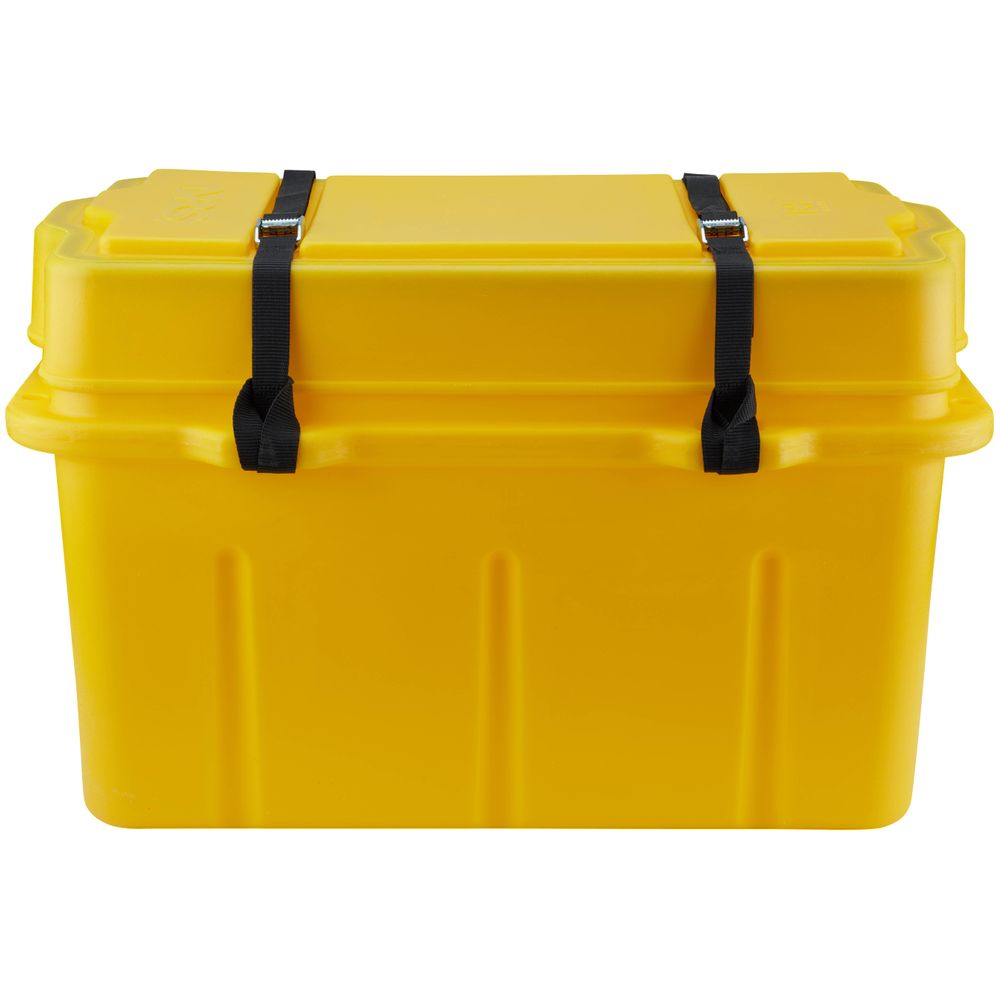 The NRS Canyon Dry Box, a yellow storage container featuring a gasket seal lid and secured by two black straps, is perfect for dry storage.