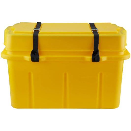 The NRS Canyon Dry Box, a yellow storage container featuring a gasket seal lid and secured by two black straps, is perfect for dry storage.
