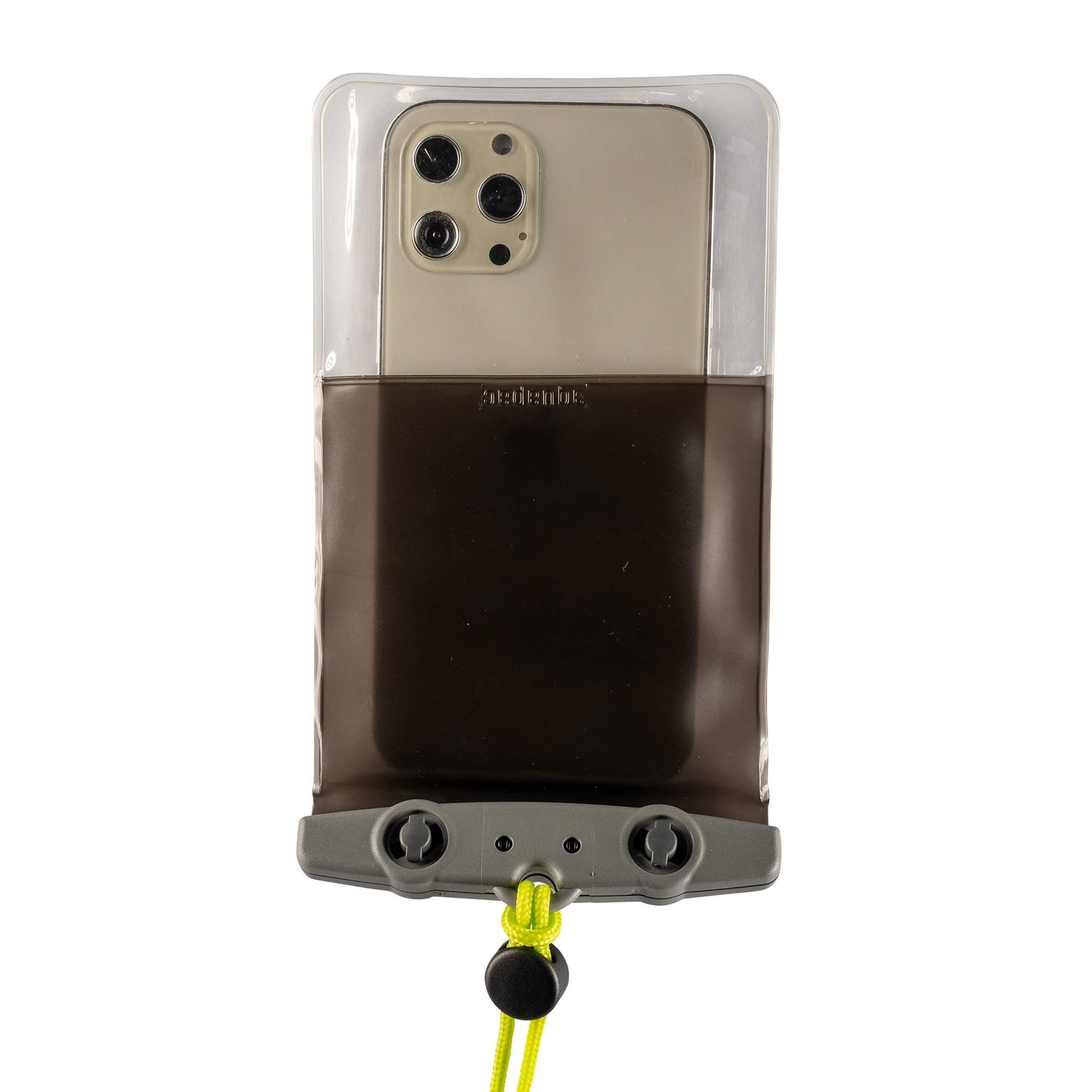 The Aquapac Waterproof Plus Phone Case by Aquapac features an IPX8 waterproof rating, a transparent front, gray bottom, and yellow lanyard—perfect for keeping your smartphone protected.